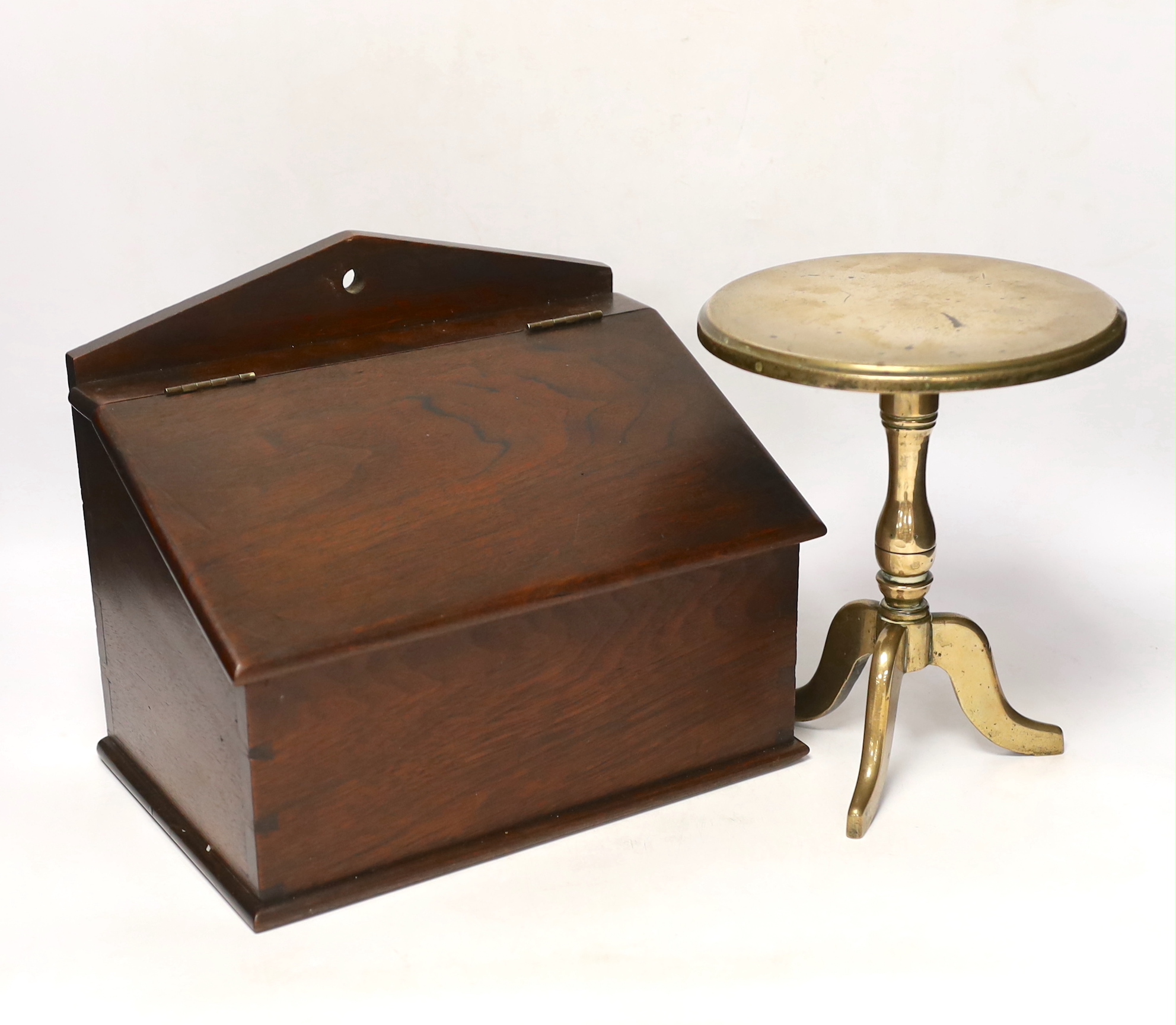 A Georgian brass trivet and a 19th century candle box, largest 27cm wide